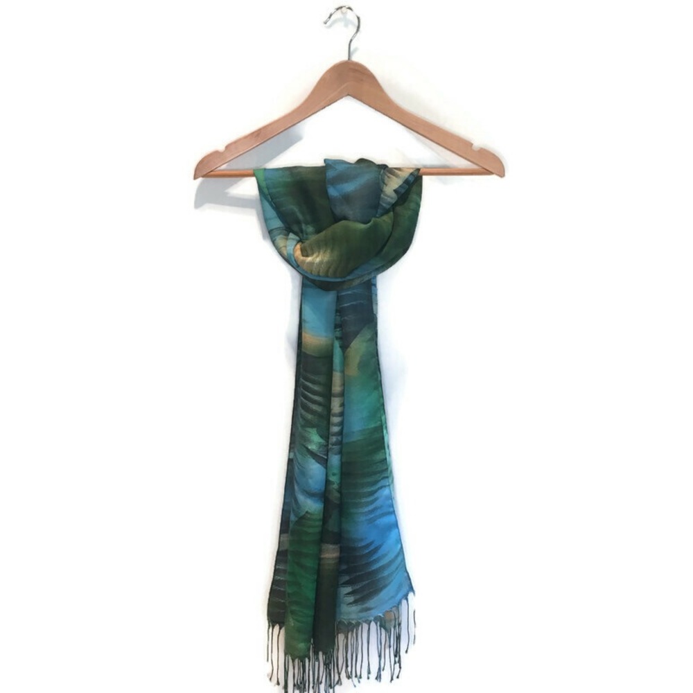 Scarf with abstract pattern in blues & green